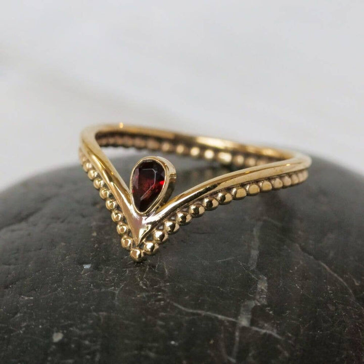 Brass Spotted Chevron Ring with Garnet Stone - Ethically Made