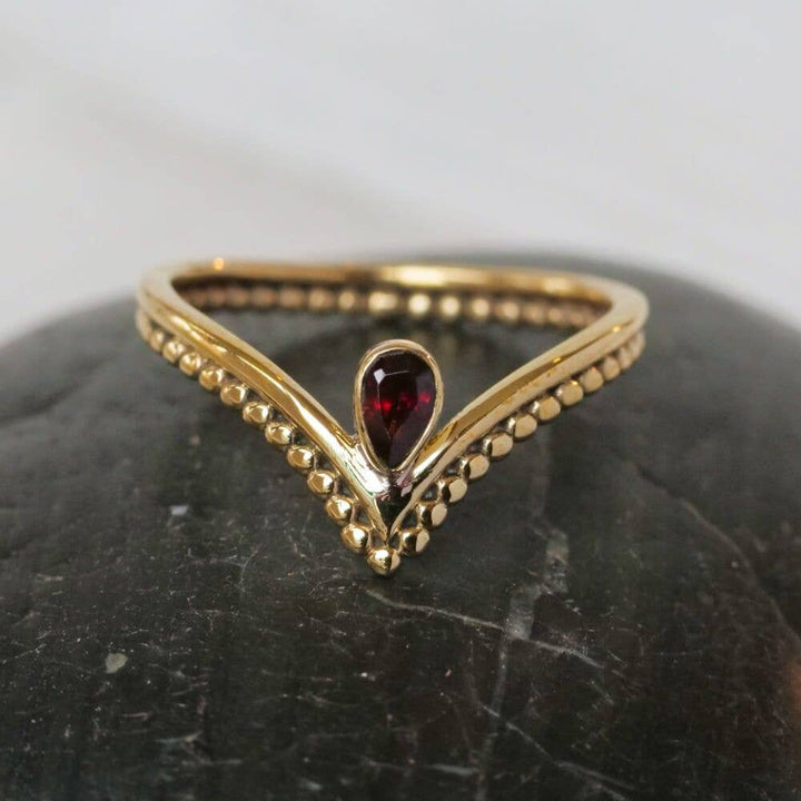 Brass Spotted Chevron Ring with Garnet Stone - Ethically Made